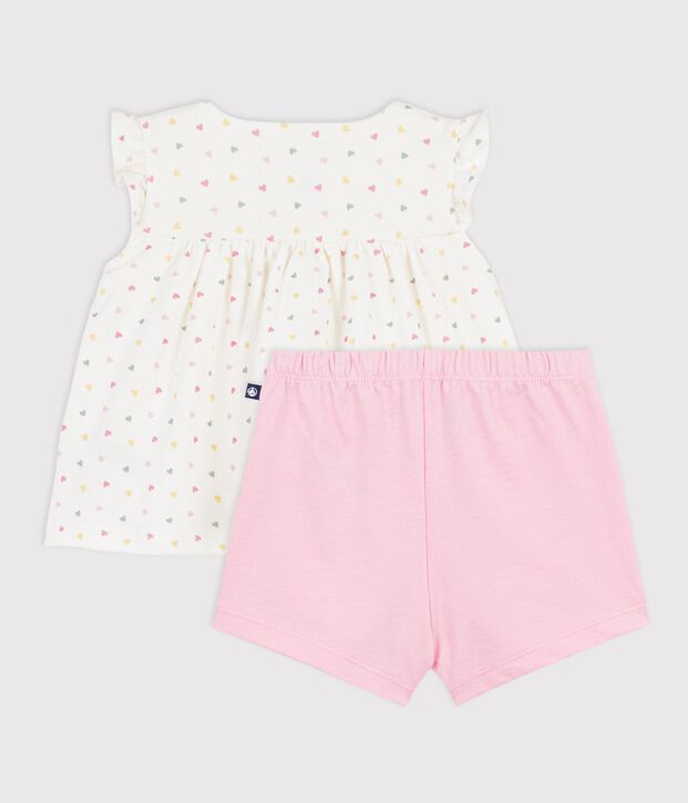 Babies' 2-piece outfit in cotton printed with mini hearts white/multicolor