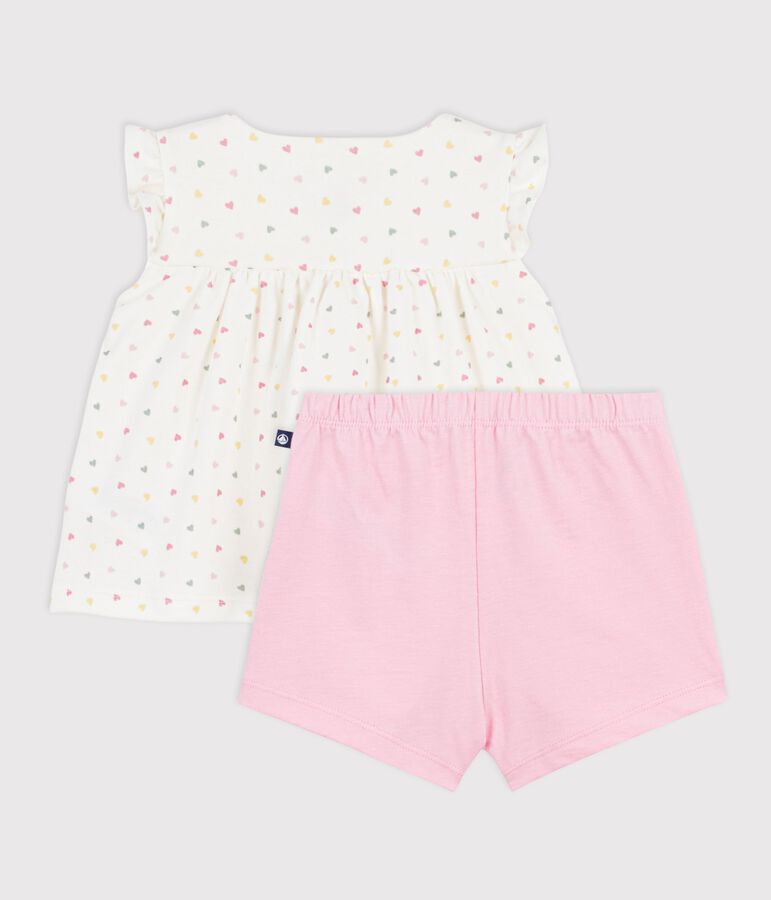 Babies' 2-piece outfit in cotton printed with mini hearts MARSHMALLOW white/MULTICO white