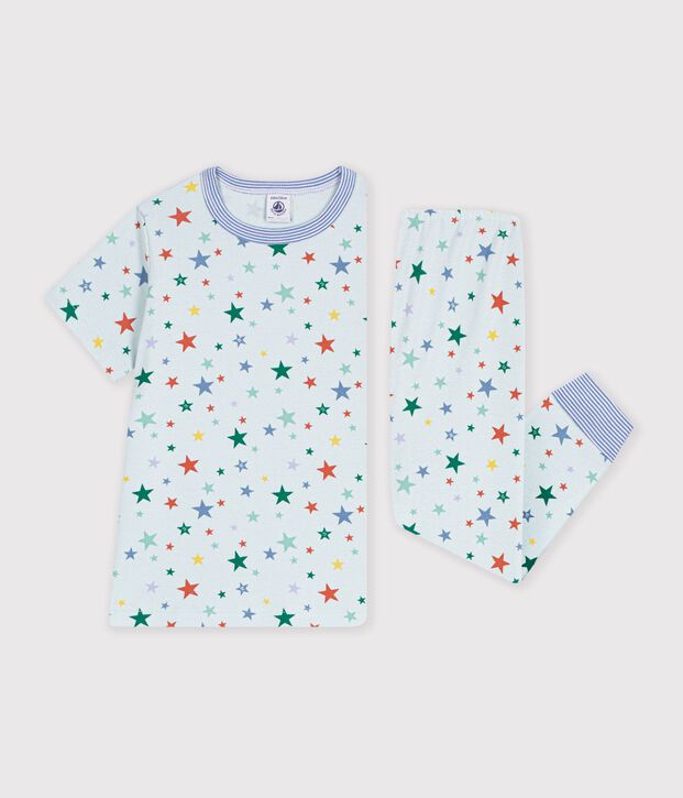 Children's printed cotton pyjamas with short sleeves and long legs blue/multicolor