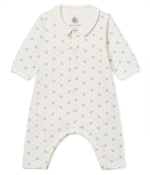 Baby boys' footless bodyjama in printed 1x1 rib knit white/multicolor