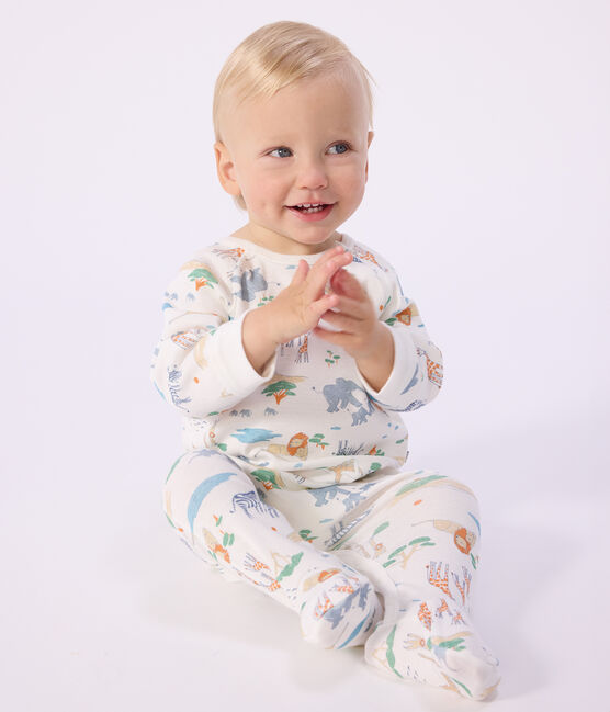 Babies' savannah print cotton pyjama suit with a zip MARSHMALLOW white/MULTICO white