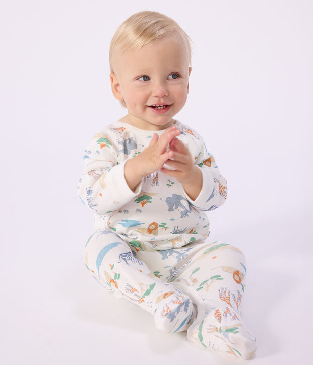 Babies' savannah print cotton pyjama suit with a zip white/multicolor