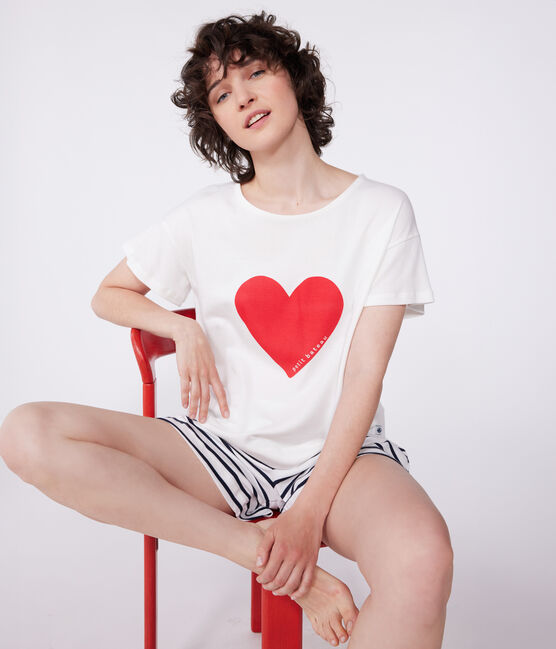 Women's short heart print cotton pyjamas MARSHMALLOW white/SMOKING blue