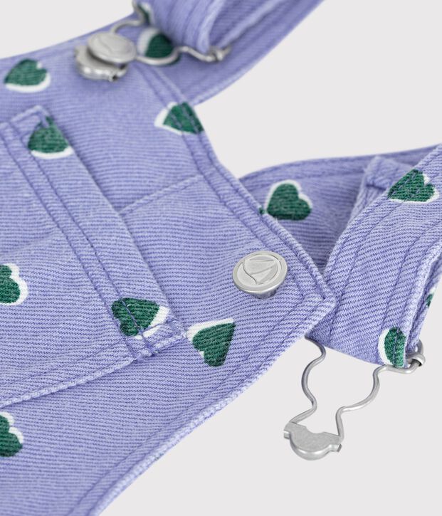 Babies' dungarees in serge with long legs and a heart print purple/multicolor