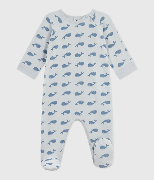 Babies' whale-print velour pyjamas suit with a zip blue/blue