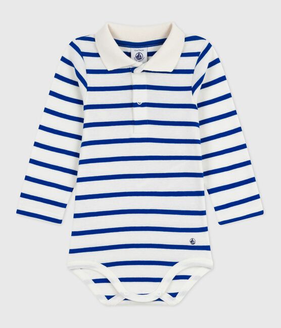 Babies' stripy cotton body with a polo shirt collar MILK blue/OLYMPIC