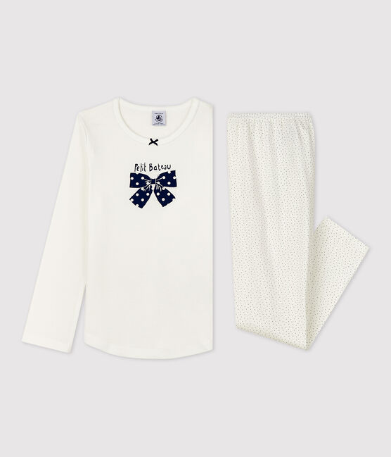 Girls' Spotted Organic Cotton Pyjamas MARSHMALLOW white/MEDIEVAL blue