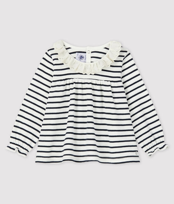 Baby girl's long-sleeved blouse MARSHMALLOW white/SMOKING blue