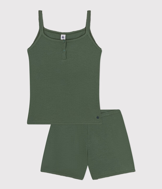 Women's Plain Cotton and Lyocell Pyjama Shorts and Vest green