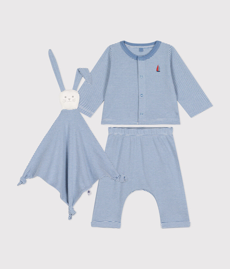 Babies' three-piece set in cotton blue/white