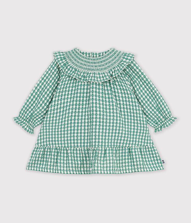 Babies' long-sleeved cotton gingham dress green/white
