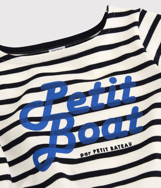 Girls' Cotton Breton Top MARSHMALLOW white/SMOKING blue