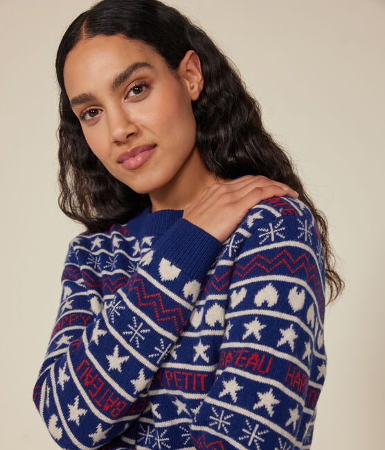 Women's wool and cotton jacquard jumper MEDIEVAL blue/MULTICO white