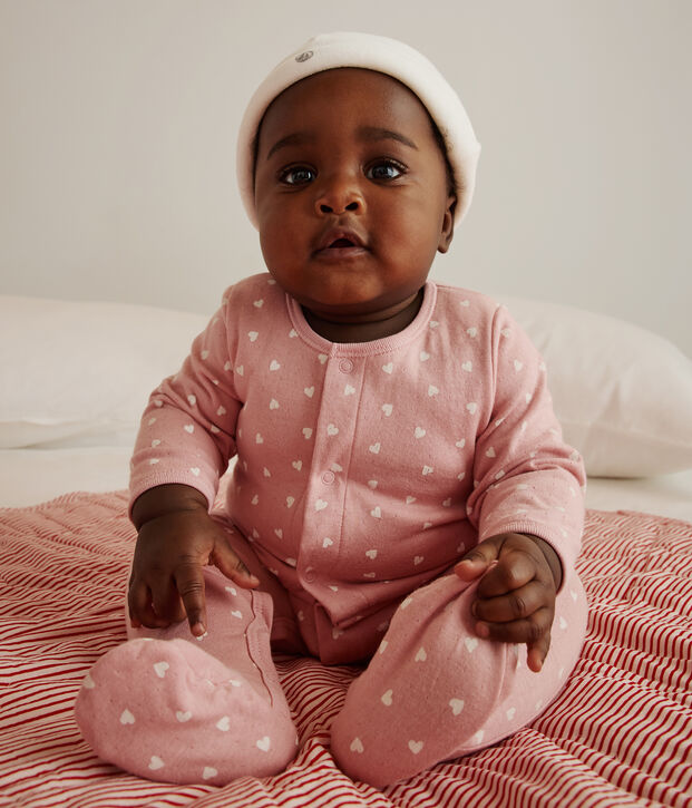 Babies' bodyjama in small heart print tube knit pink/white