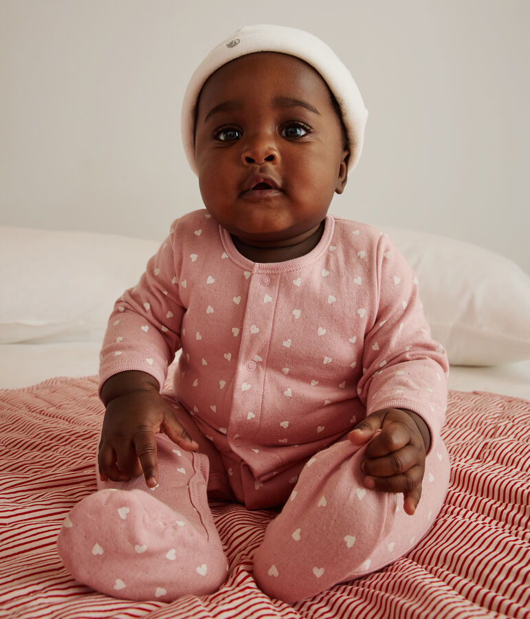 Babies' bodyjama in small heart print tube knit pink/white