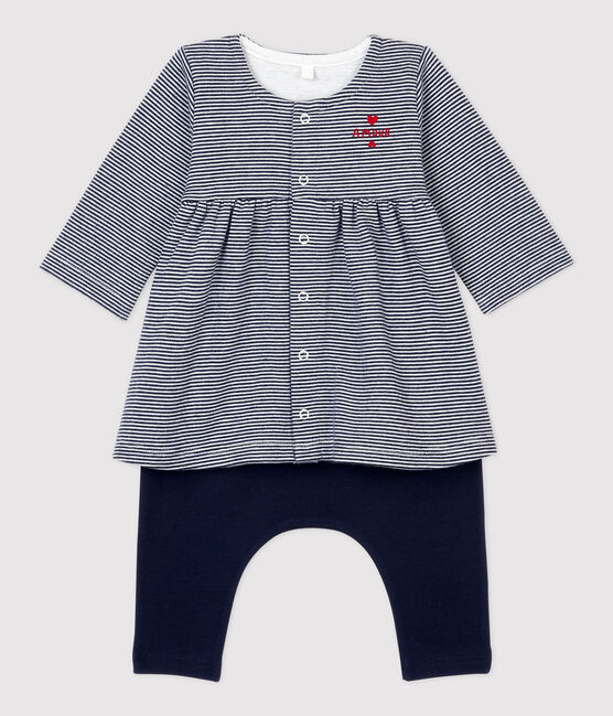 Babies' Stripy Organic Cotton Tube Knit Dress/Leggings SMOKING blue/MARSHMALLOW white