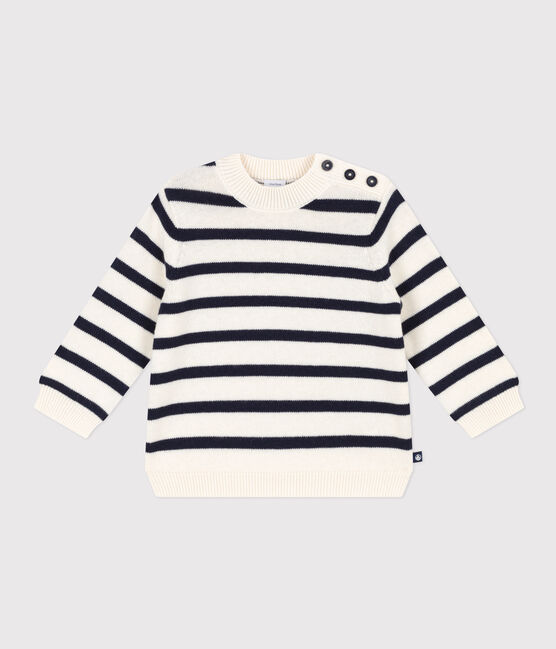 Babies' Cotton/Wool Breton Striped Pullover MARSHMALLOW white/SMOKING blue