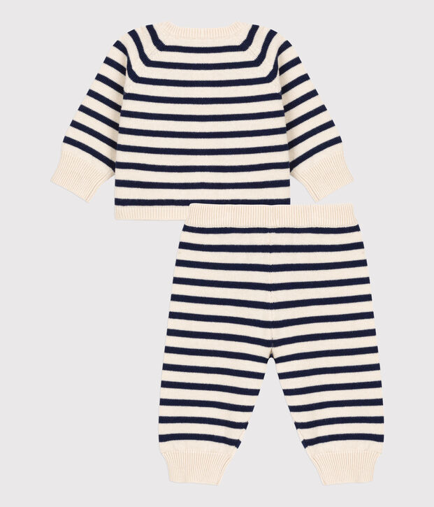 Babies' Wool/Cotton Knit Sailor Striped Clothing - 2-Piece Set Ecru/blue