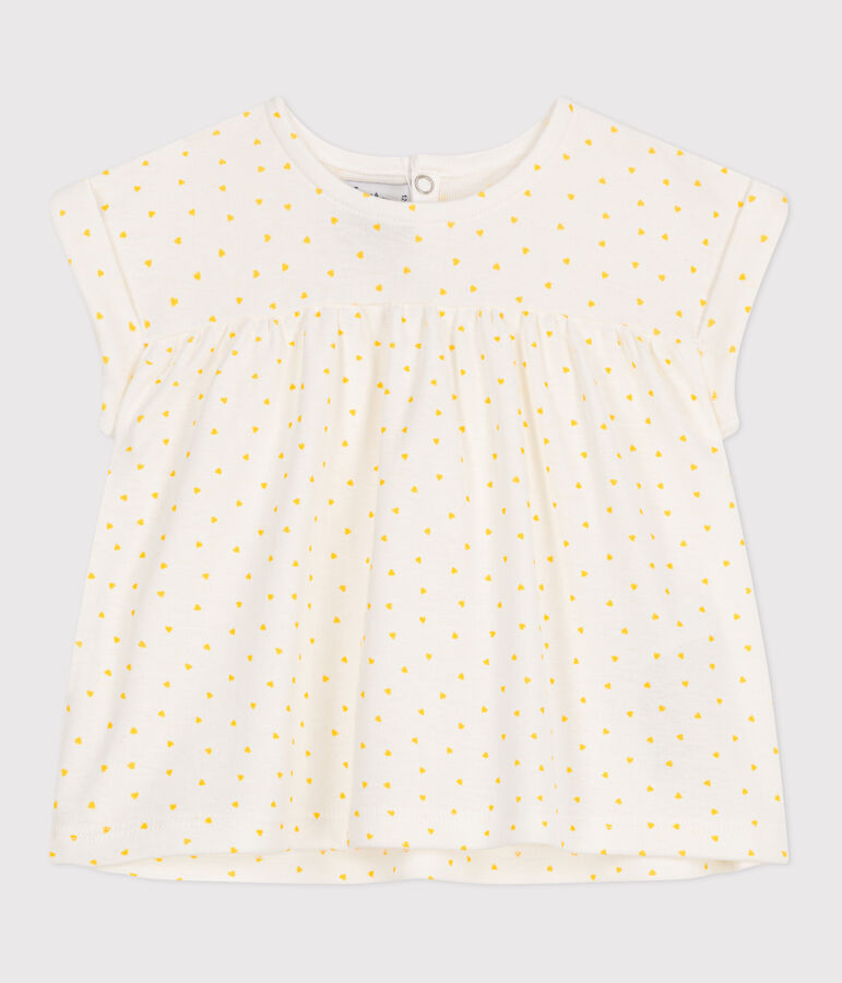 Babies' short-sleeved blouse in cotton with a mini heart print MARSHMALLOW white/ORGE