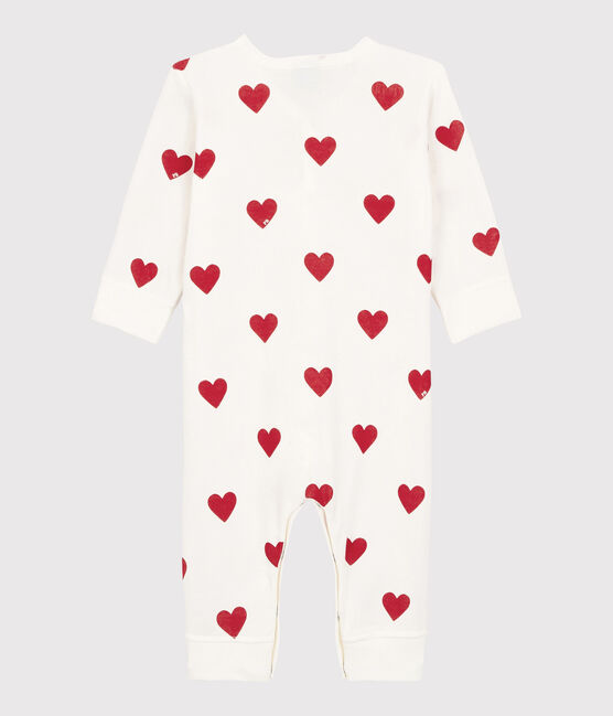 Babies' heart patterned footless cotton sleepsuit MARSHMALLOW white/TERKUIT red