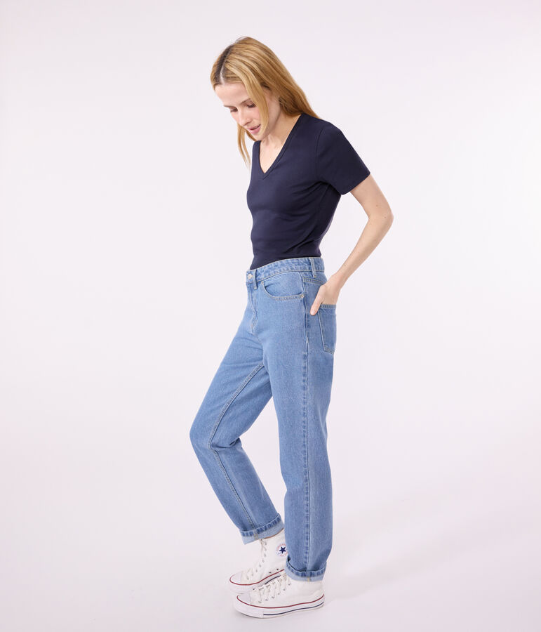 Women's iconic plain short-sleeved rib knit T-shirt SMOKING blue