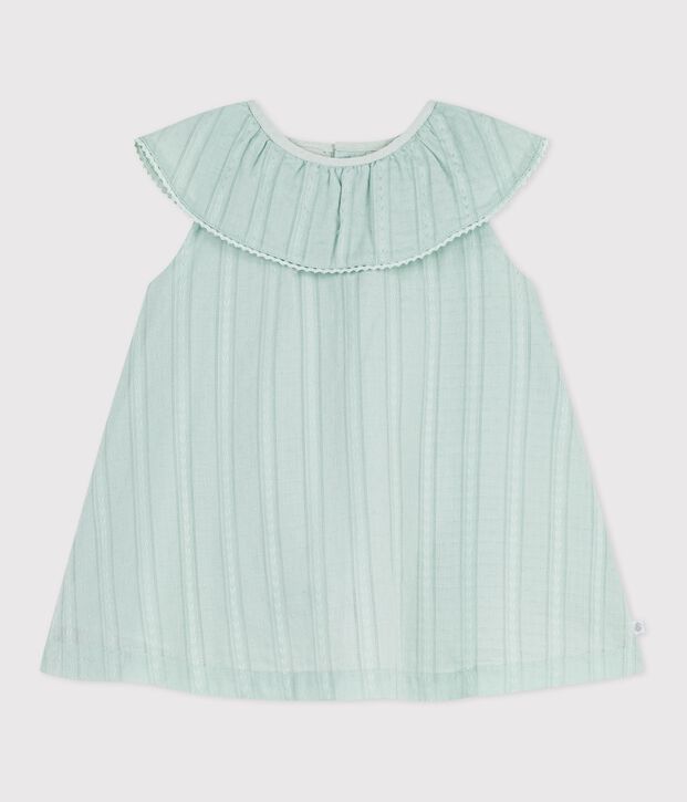 Short-sleeved cotton baby dress, plain with a collar green
