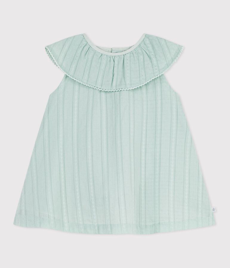 Babies' short-sleeved plain cotton dress with a ruff collar SPRAY blue
