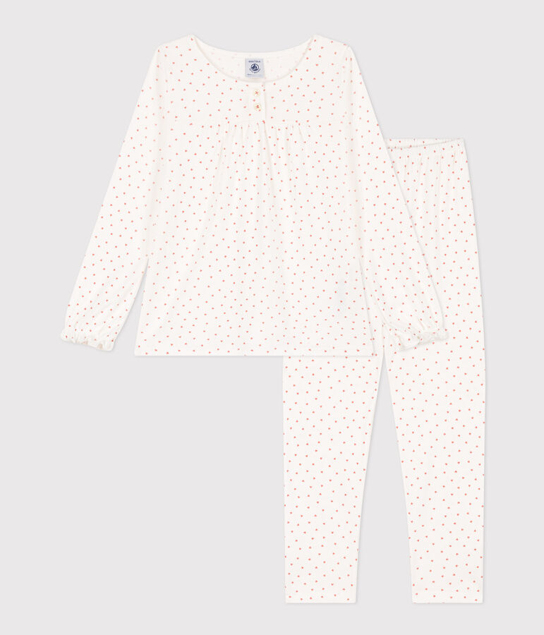 Girls' Heart Cotton Pyjamas MARSHMALLOW white/PAPAYE