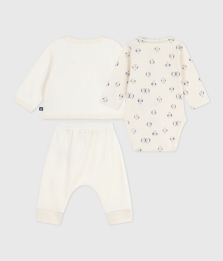 Babies' 3-piece set with a penguin print wrap-around top and a body Ecru