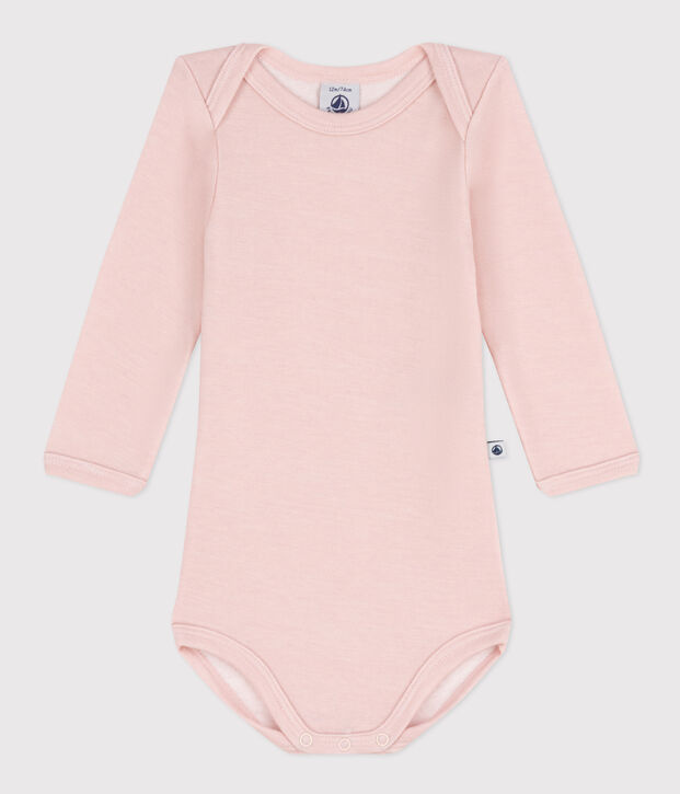 Babies' Stripy Long-Sleeved Cotton/Wool Bodysuit pink