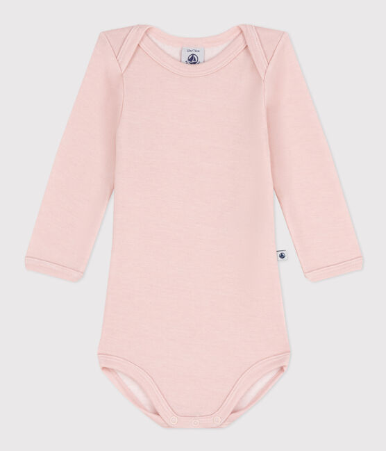 Babies' Stripy Long-Sleeved Cotton/Wool Bodysuit SALINE pink