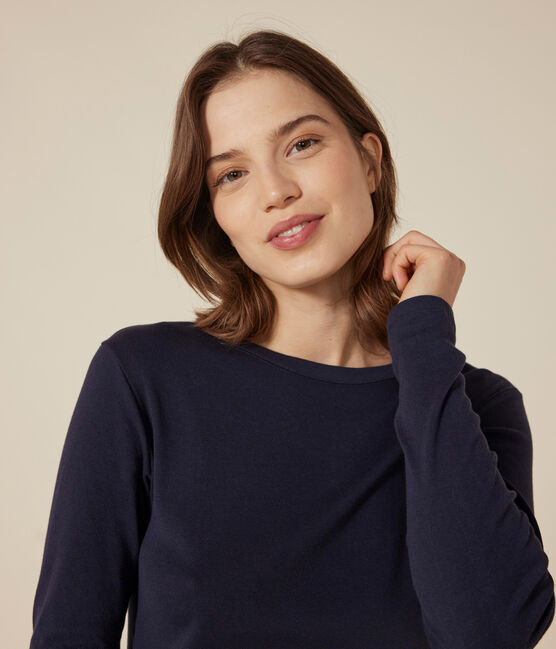 Women's iconic long-sleeved plain rib knit T-shirt SMOKING blue