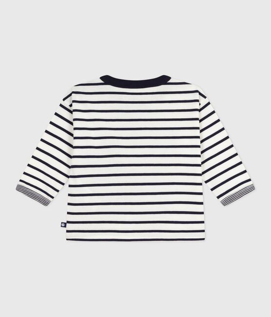 Babies' long-sleeved stripy cotton T-Shirt MARSHMALLOW white/SMOKING blue