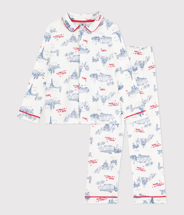 Children's Paris print cotton pyjamas with buttons white/multicolor
