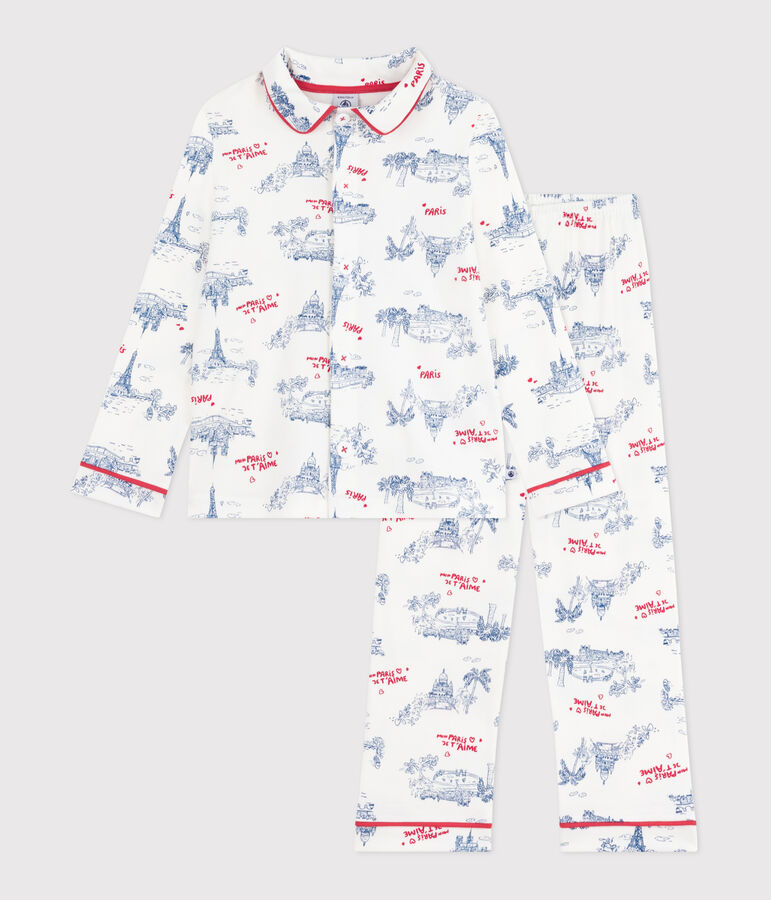 Children's Paris print cotton pyjamas with buttons white/multicolor