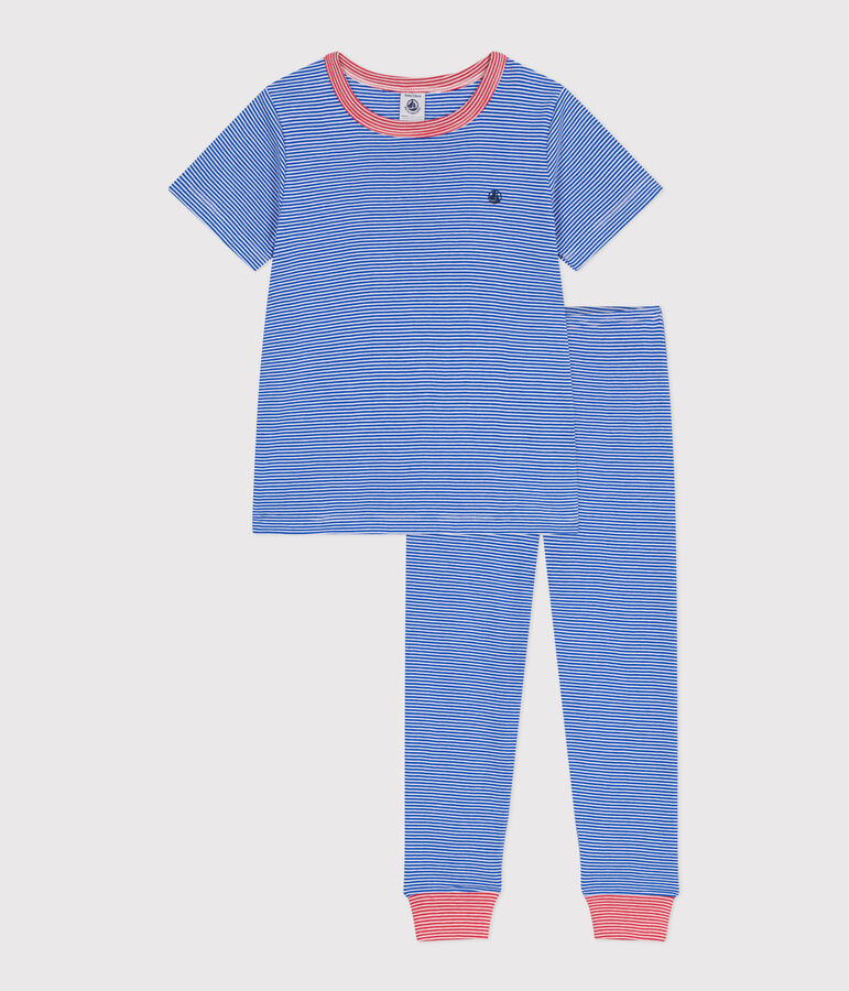 Children's stripy cotton pyjamas PERSE blue/MARSHMALLOW white
