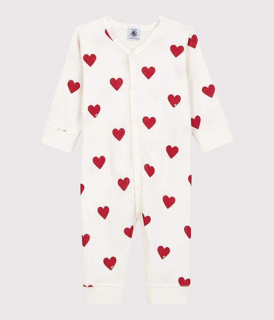Babies' heart patterned footless cotton sleepsuit MARSHMALLOW white/TERKUIT red
