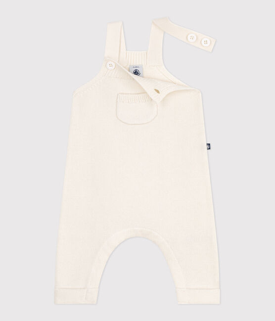 Babies' plain dungarees knitted in wool and cotton MARSHMALLOW white