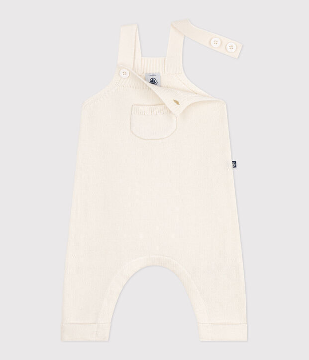 Babies' plain dungarees knitted in wool and cotton white