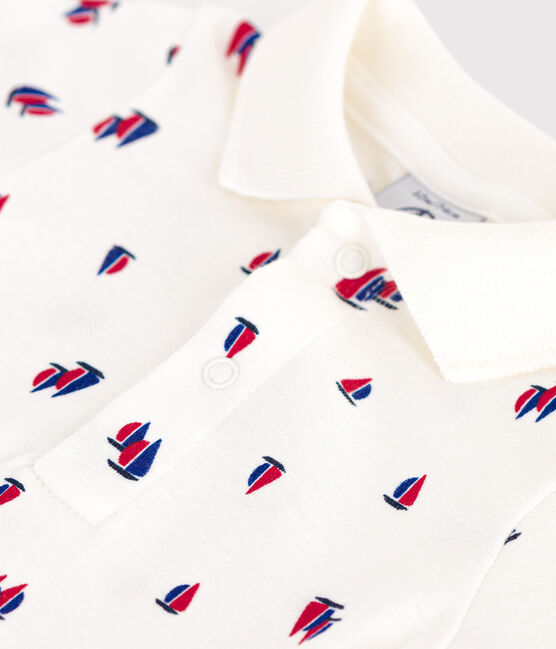 Babies' short-sleeved cotton body with a boat print MARSHMALLOW white/MULTICO white