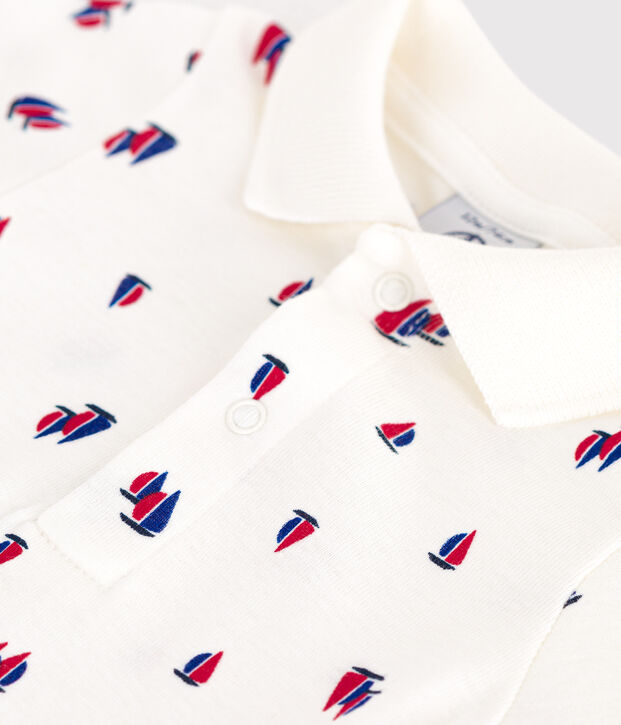 Babies' short-sleeved cotton body with a boat print white/multicolor