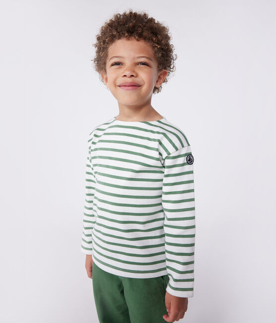 Children's unisex long-sleeved cotton Breton top MARSHMALLOW green/PALMERAIE