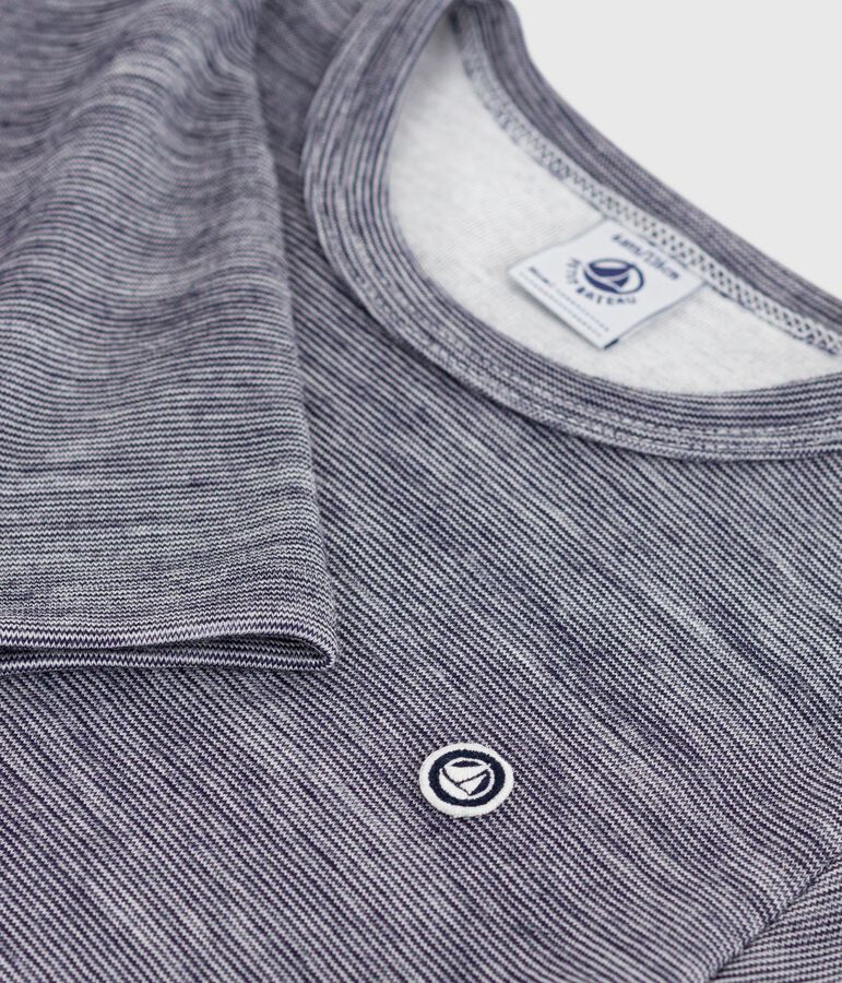 Children's long-sleeved stripy wool and cotton T-shirt blue/white