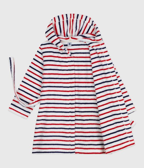 Children's stripy cotton terry bathrobe MARSHMALLOW white/MULTICO white