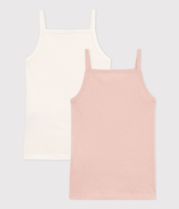 Girls' Plain Cotton Openwork Strappy Vest Tops - 2-Pack multicolor