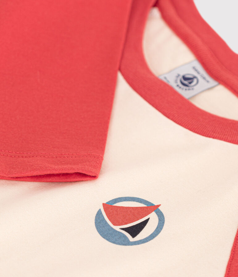 Boys' long-sleeved cotton T-shirt Ecru/orange