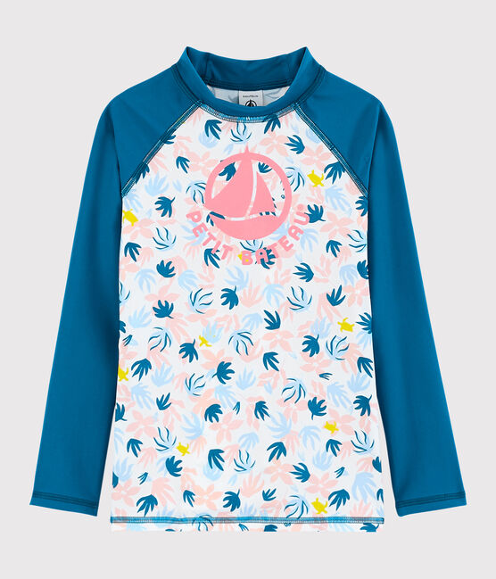 Girls' UV-Proof Recycled T-shirt MYKONOS blue/MULTICO ecru