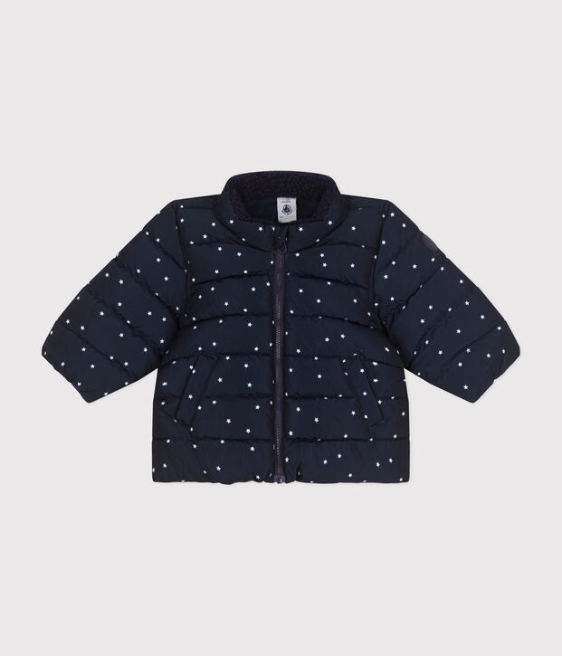 Babies' printed puffer jacket with a retractable hood blue/white