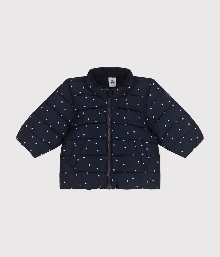 Babies' printed puffer jacket with a retractable hood SMOKING blue/MARSHMALLOW white