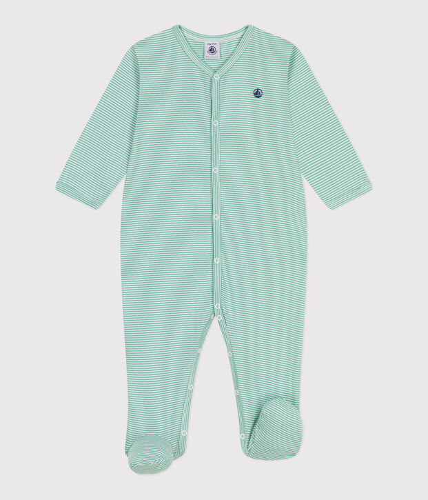 Babies' stripy cotton pyjama suit green